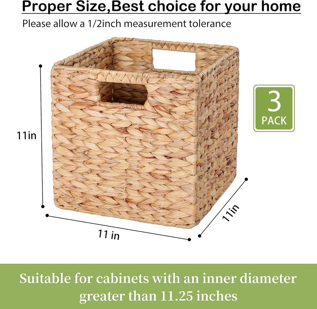 11x11x11in Water Hyacinth Storage Baskets, 11 Inch Cube Storage Bins, Woven Baskets for Storage, Wicker Storage Basket for Shelves Set of 3