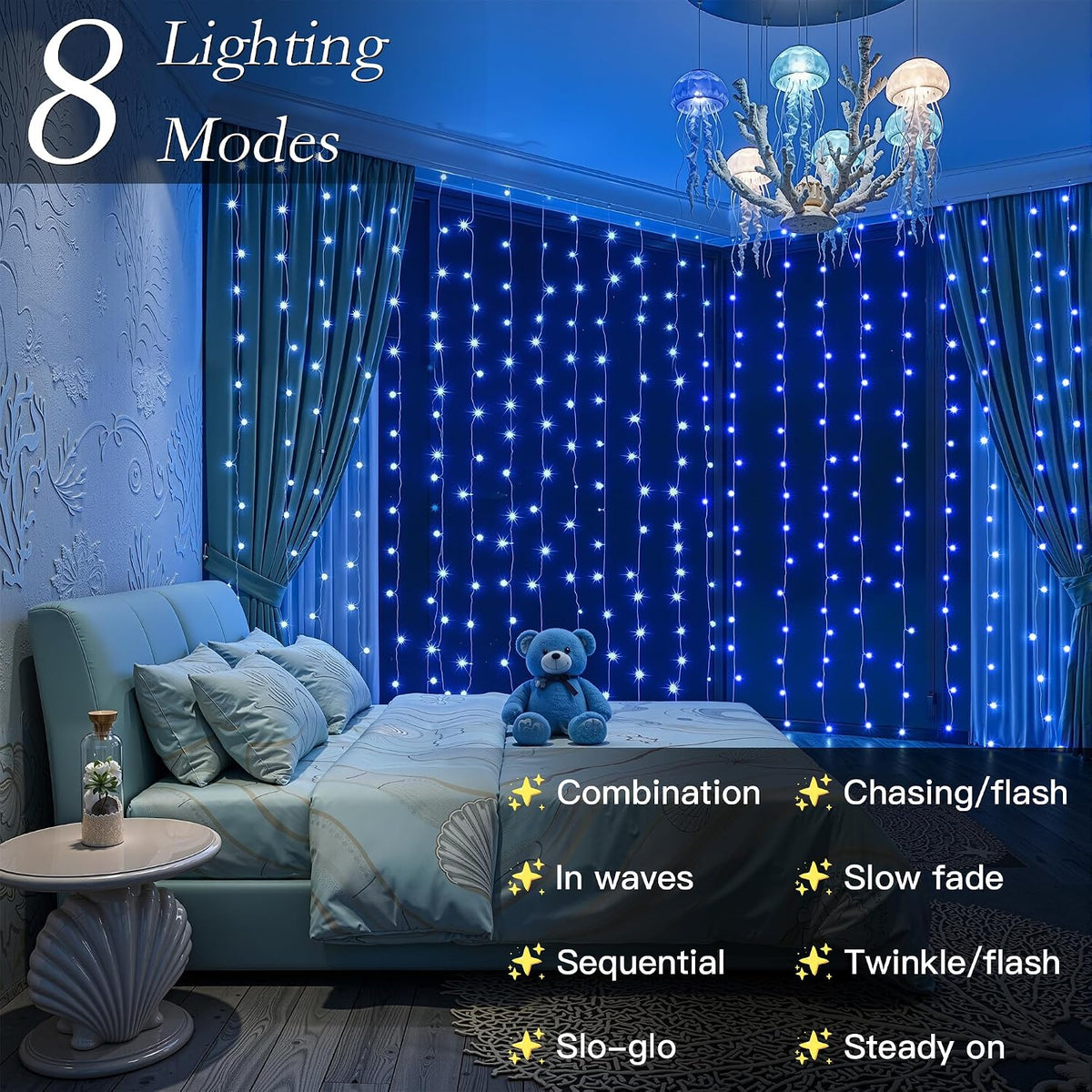 300 LED Blue Curtain String Lights 9.8x9.8FT, Plug in Fairy Lights with 9 Hooks, Dimmable Timer 8 Modes, IP44 Waterproof, Ocean Starry Boys Bedroom Wall Christmas Party Window Indoor Decor