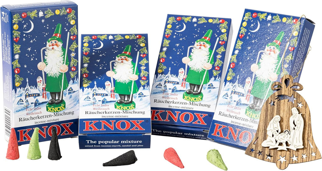 MaMeMi German Incense Cones Christmas Mix – Knox 4 Pack (96 Cones) for Smoker Houses & Figurines | Fir, Frankincense & Sandalwood | Gift Set with Wooden Ornament | Traditional Erzgebirge