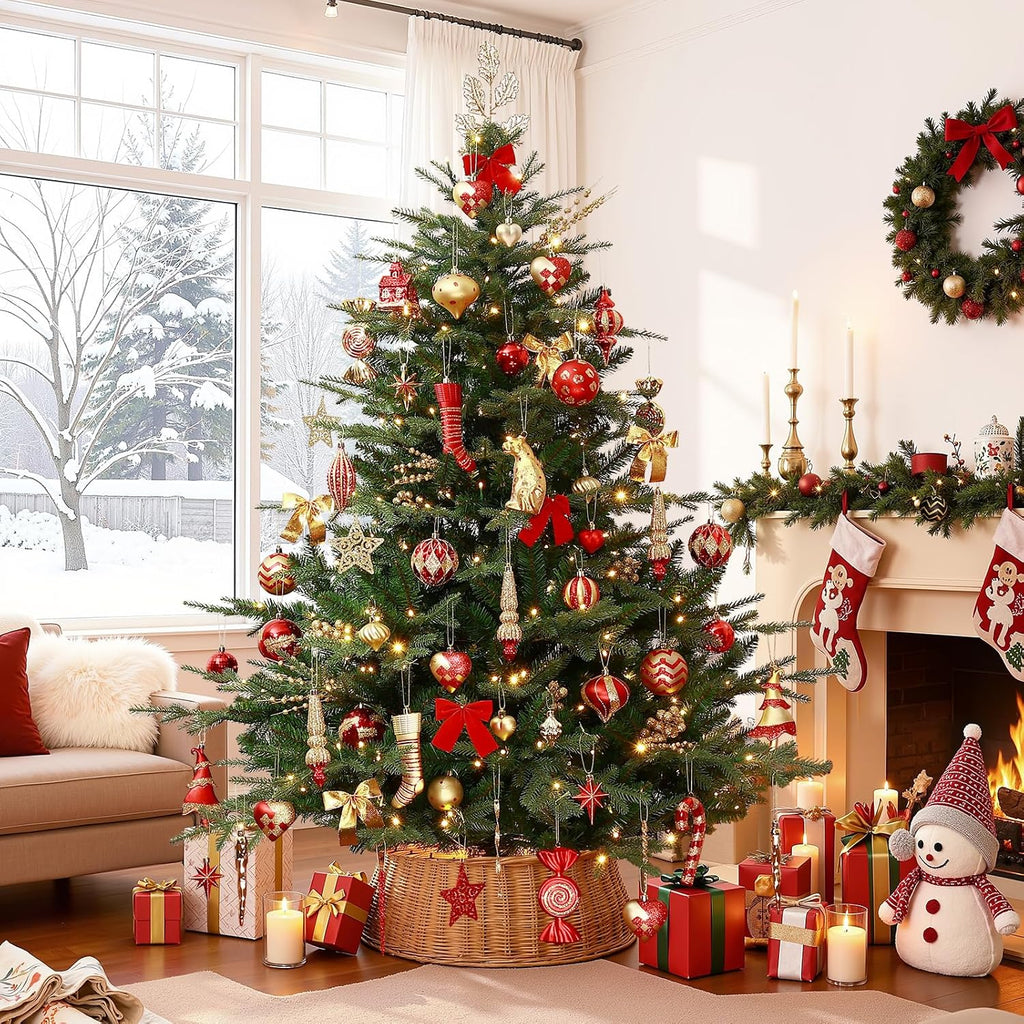 SHareconn 145pcs Christmas Balls Ornaments Set, Shatterproof Plastic Baubles Snowflakes, Stars and Tree Topper for Xmas Tree Holiday Wedding Party Decorations with Hanging Strings, Gold and Red