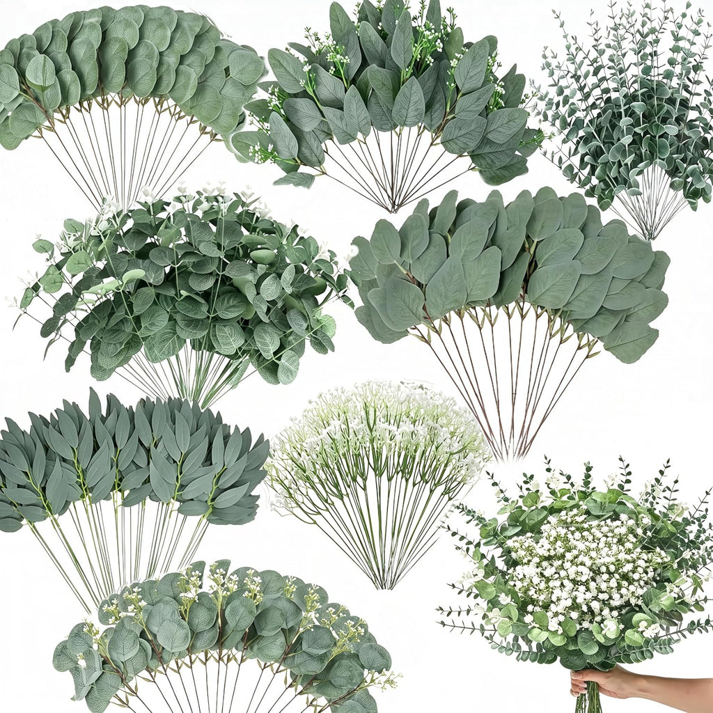 200 Pcs 8 Kinds Mixed Greenery Stem Artificial Faux Eucalyptus Leaves
