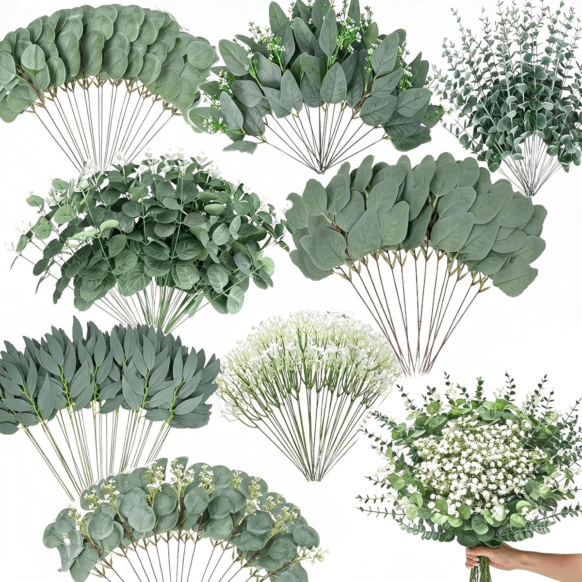 200 Pcs 8 Kinds Mixed Greenery Stem Artificial Faux Eucalyptus Leaves