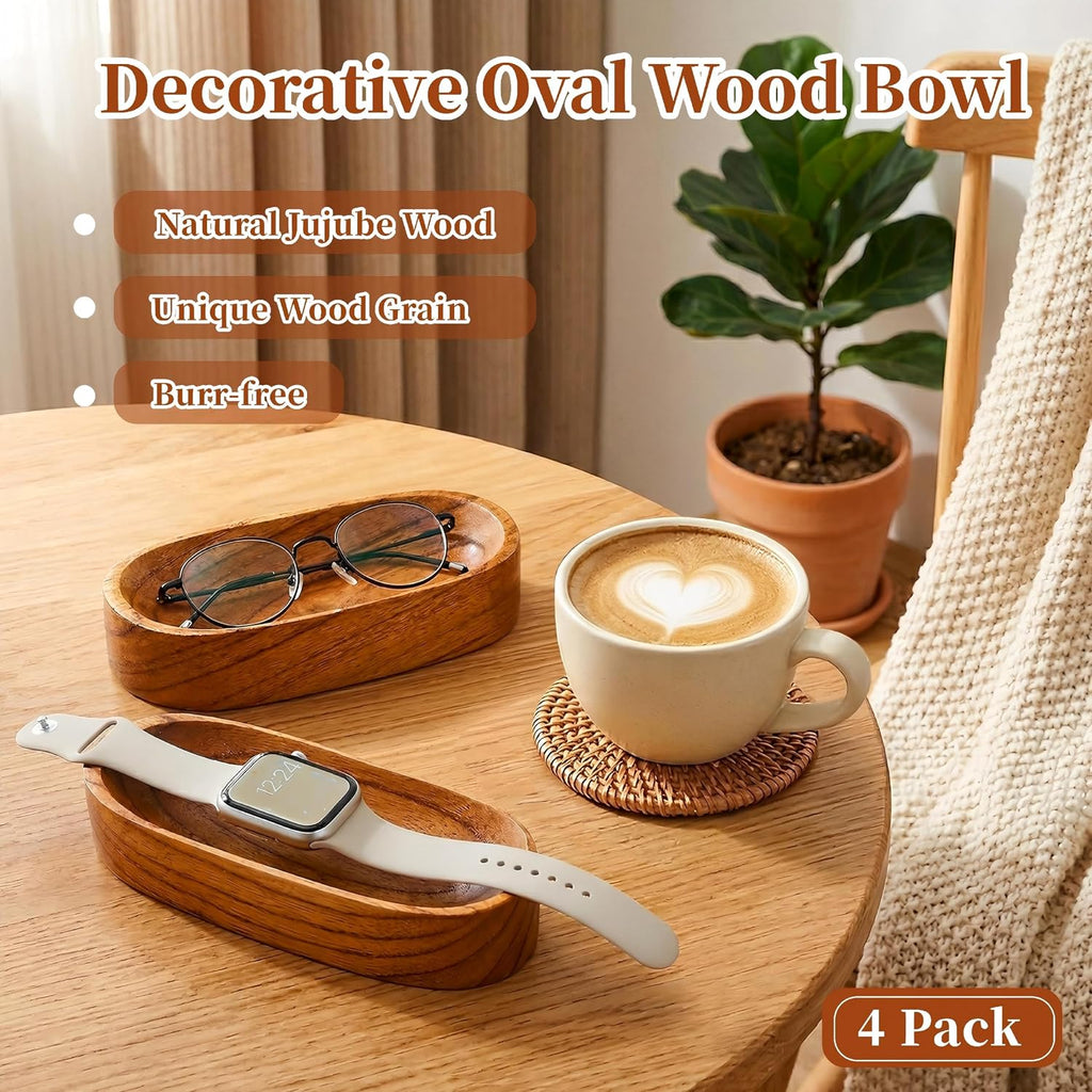 4 Pack Decorative Oval Wood Bowl, 7 Inch Long Handcrafted Wooden Boat Bowl, Small Entryway Catchall Tray Holder for Snack, Sauce, Jewelry, Ring, Key, Remote, Home Decor, Table Centerpiece