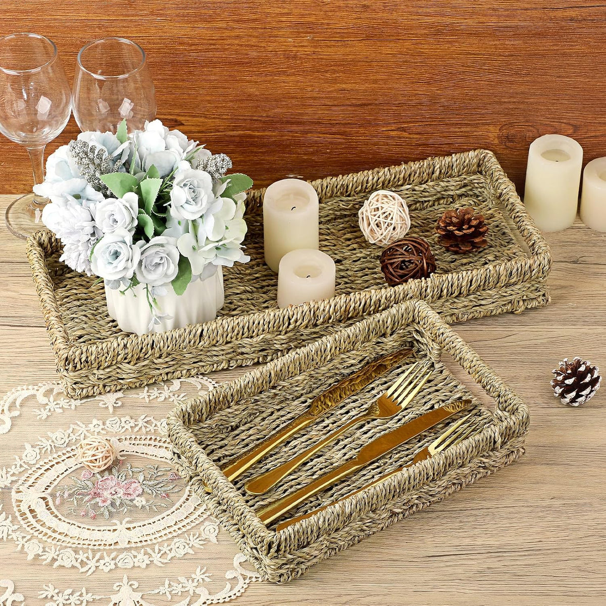 Bathroom Vanity Tray, Seagrass Narrow Counter Basket with Handles