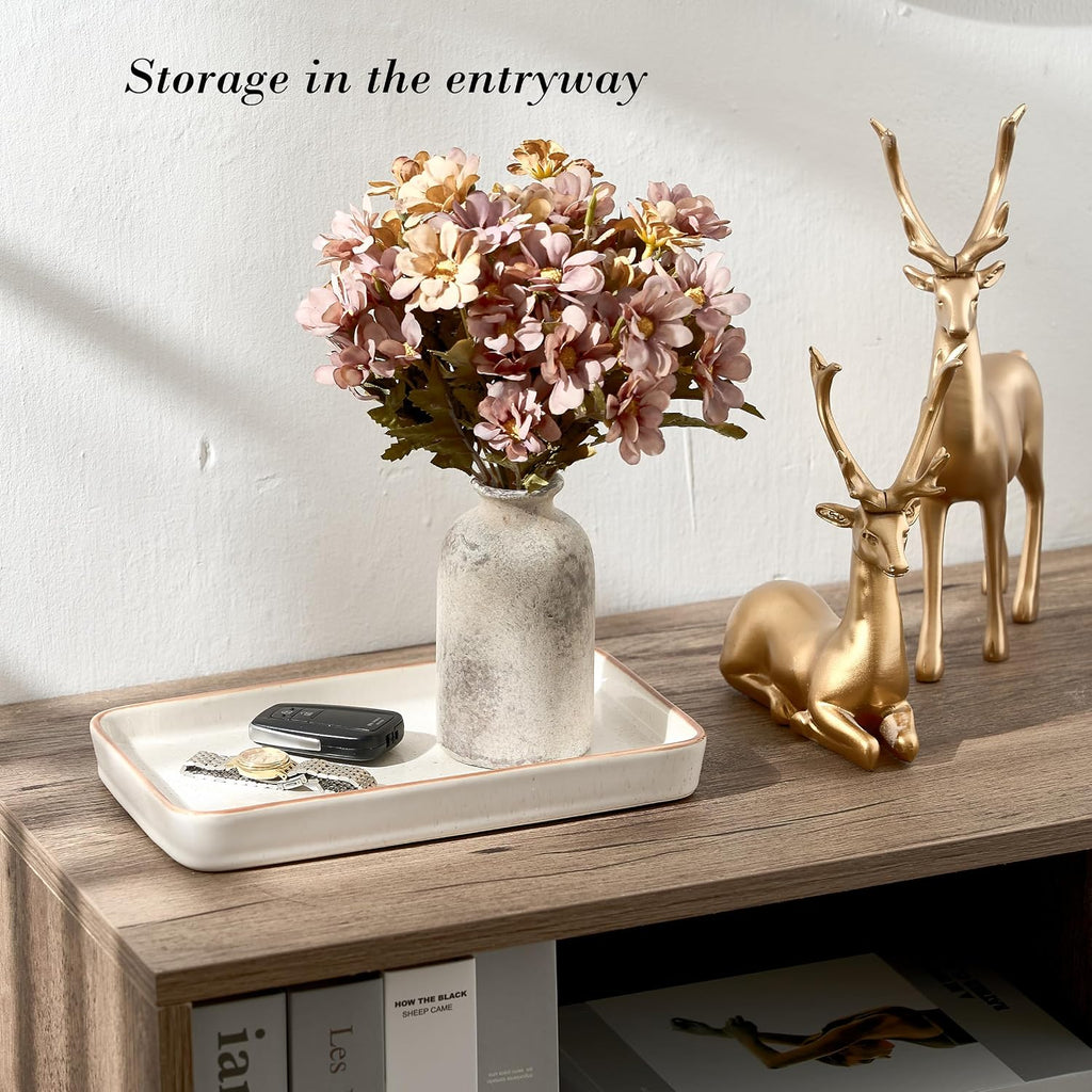 10"×6"×1" Bathroom Vanity Tray for Countertop- Ceramic Decorative Organizer Tray for Dresser Tops, Toilet, Perfume, Sponge Holder Soap Dish Dispenser for Kitchen Counter- Reactive White