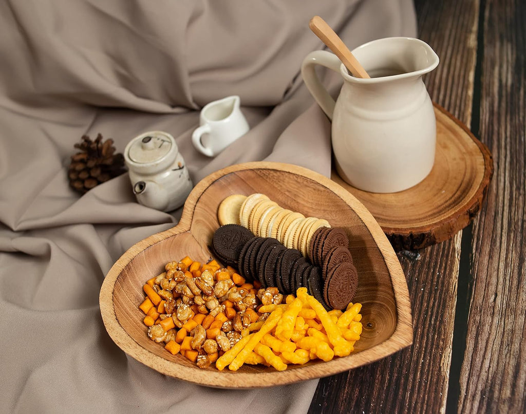 WitnyStore Heart Shaped Wood Bowl 10" Brown Handcrafted Wooden Bowls Collectible Functional Serving Tray Dish Plate Hand Made Decorative Tableware for Candy Nuts Dessert Fruit Home Décor Accents Gifts