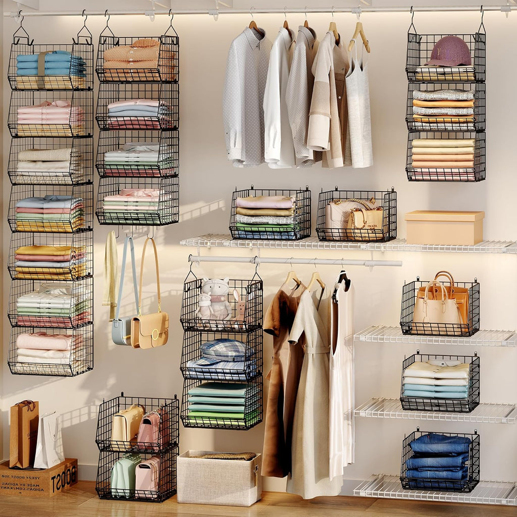 X-cosrack 7 Tier Foldable Hanging Closet Organizer and Storage,Wire Closet Shelving with 4 Large Hooks+ 5 S Hooks,Hanging Basket for Clothes Sweaters Shoes Handbags,Small Closet Organizers