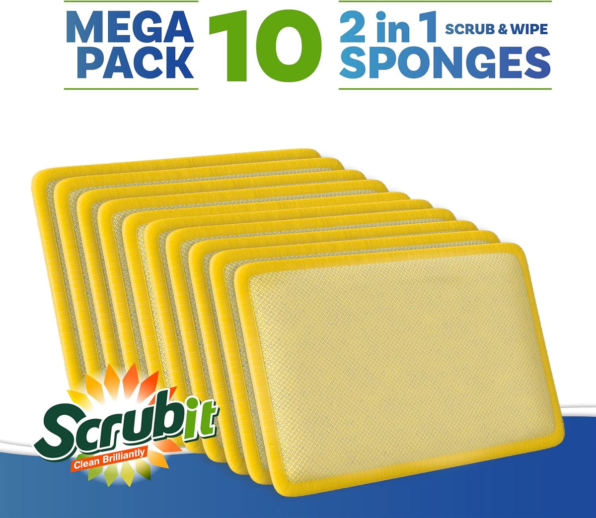 Scrub and Wipe Cleaning Pads [10 Pack] – SCRUBIT Dual Sided Scouring Pad and Sponge - Reusable Kitchen Scrubbing Sponges for Dishes, Pots, Pans Utensils & Non-Stick Cookware (Yellow)