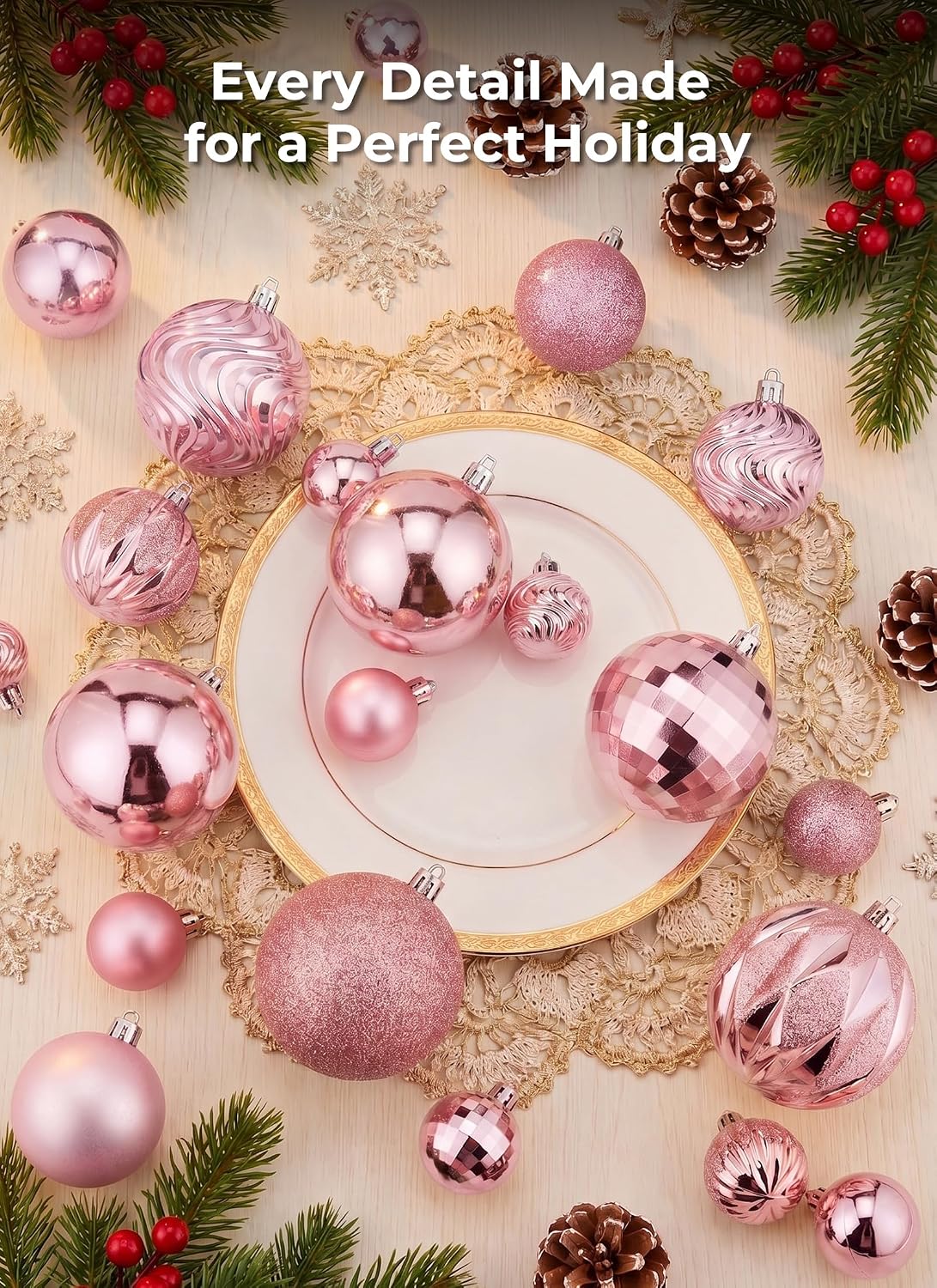 Brightown 36‑Pack Pink Shatterproof Christmas Tree Ball Ornaments Set