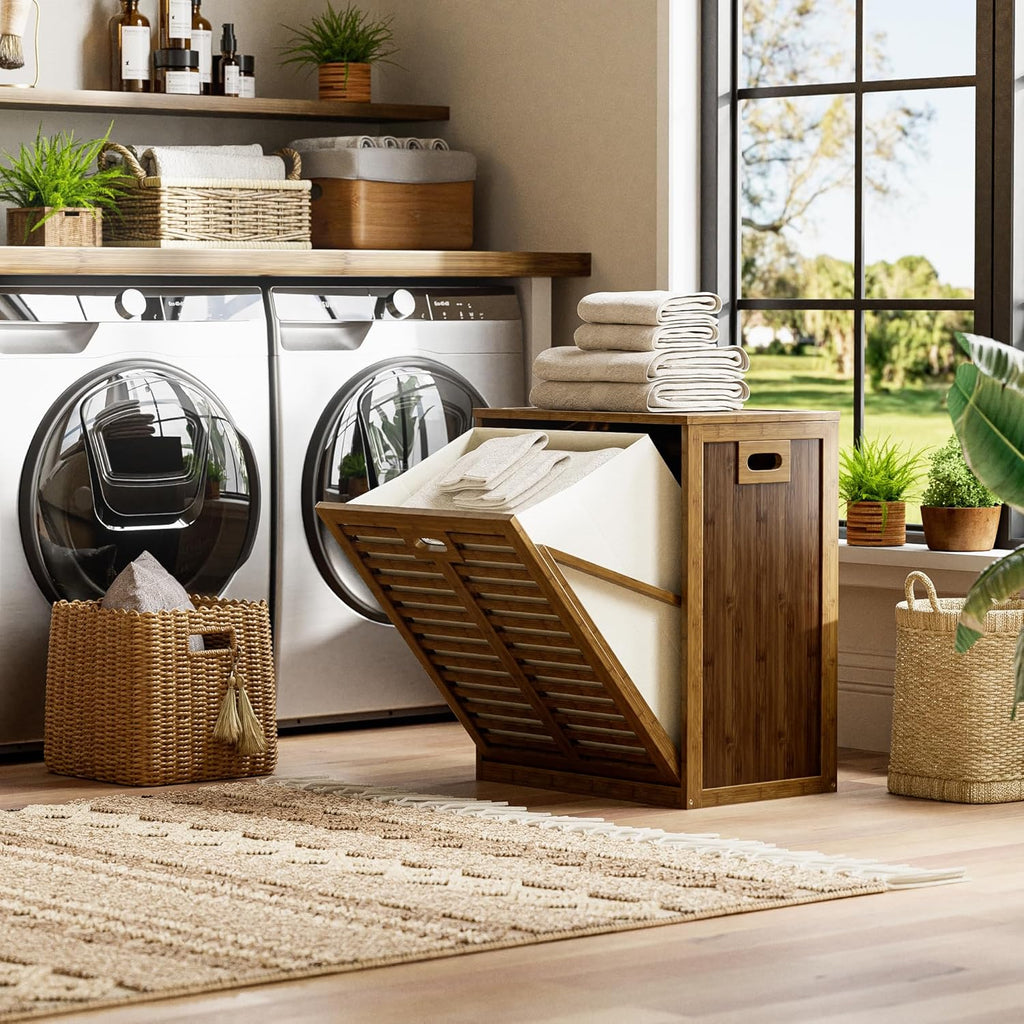 HITNET Bamboo Tilt Out Laundry Hamper, Bathroom Storage Cabinet with Hidden Removable Basket and 3 Sides Cutout Handles, Freestanding Hamper Organizer for Dirty Clothes, Walnut