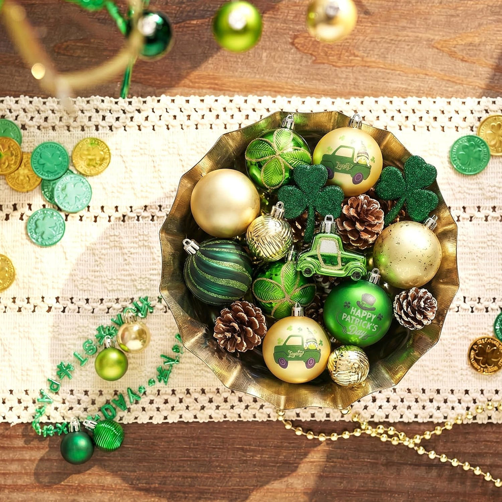 DecorbyHannah St Patricks Day Decorations Shamrock Irish Tree Ornaments Set, 21ct Large Green Gold St. Patrick's Day Shatterproof Good Luck Clover Hanging Ball Ornaments for Christmas Party Spring