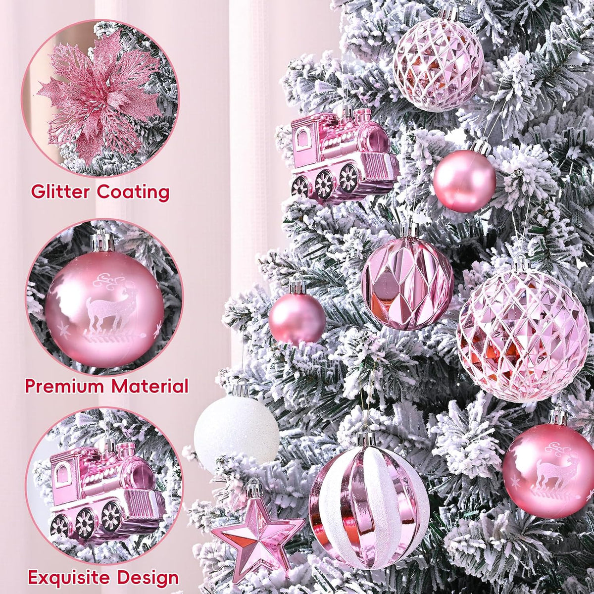 Ktinnead 94 Pcs Christmas Tree Decorations Set, Pink Shatterproof Christmas Tree Hanging Ball Ornaments with Glitter Poinsettia Flowers Decorations Berries Snowflakes for Xmas Party Holiday Wedding
