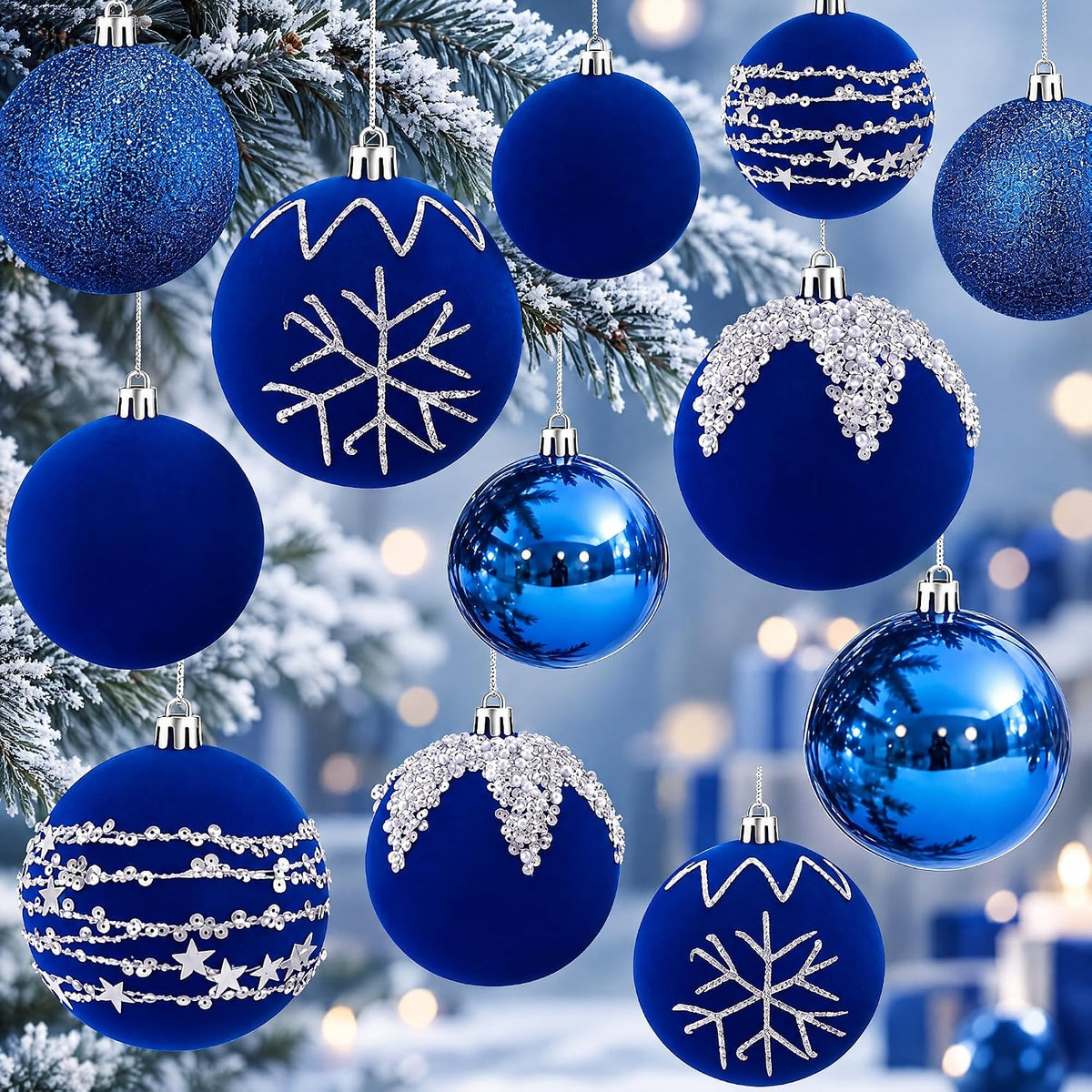 Syhood 12 Pcs Royal Blue Velvet Christmas Ball 3.15 Inch Flocked Ornament