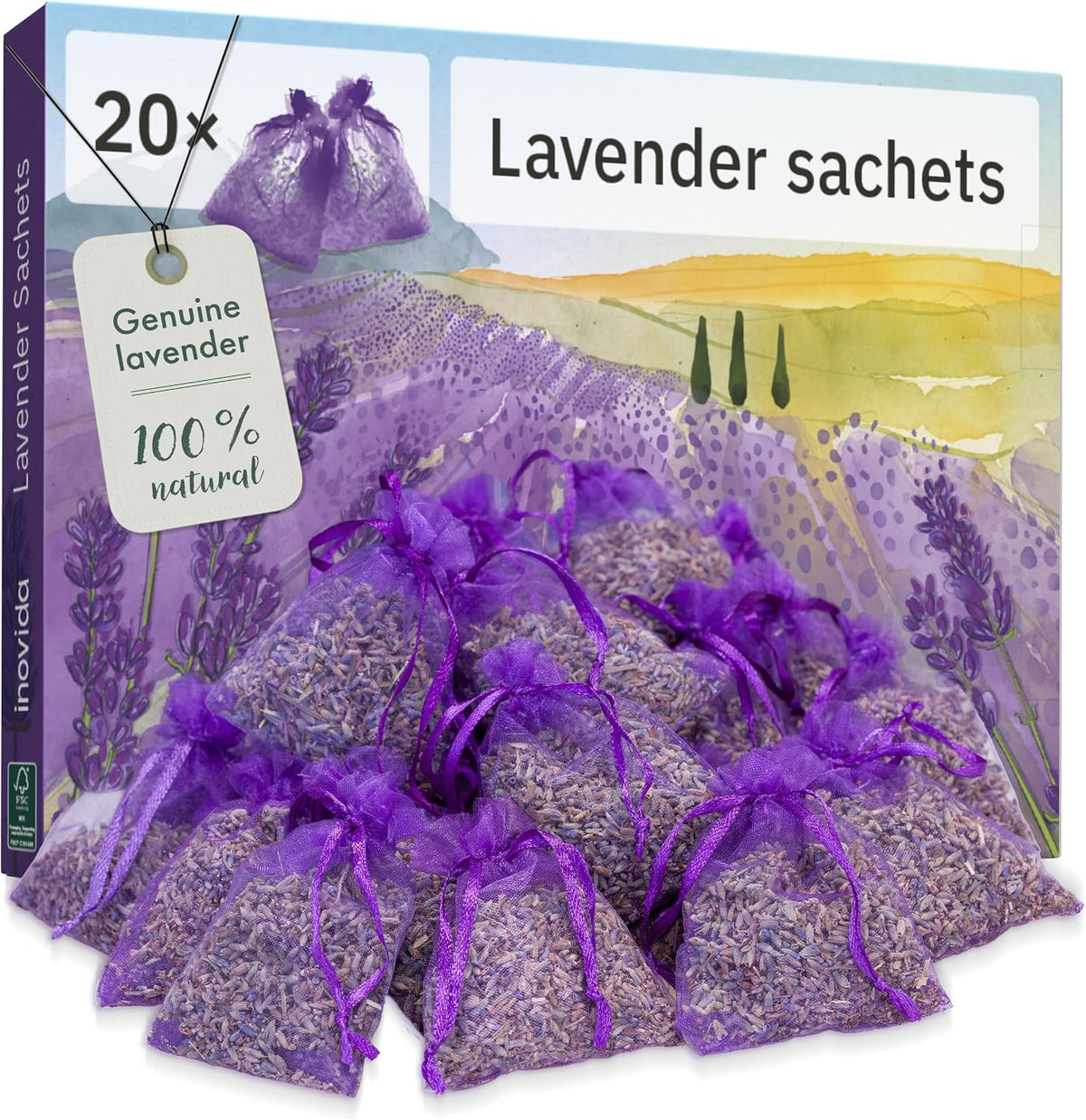Inovida 20x Lavender Sachets - Stop Clothes Damage - Sachet Bags for Drawers, Closets, Wardrobe, Cars - 100% Natural Dried Flowers - Room Air Freshener, Closet Scent