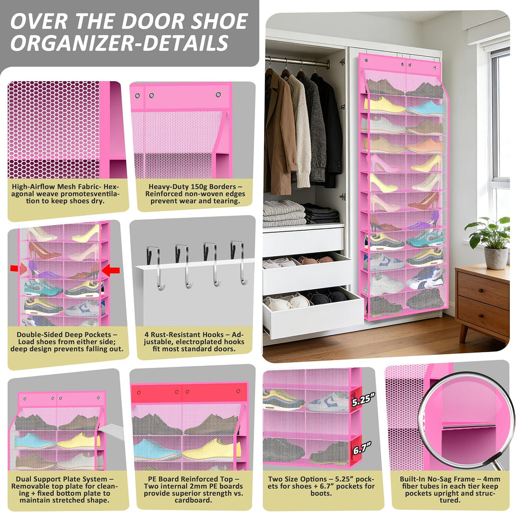 Kotkn 24-Pair Over Door Shoe Organizer for Family & Kids, Double Sided | Hanging Storage for Sneakers, Boots, Toys & Room OrganizationRose Quartz