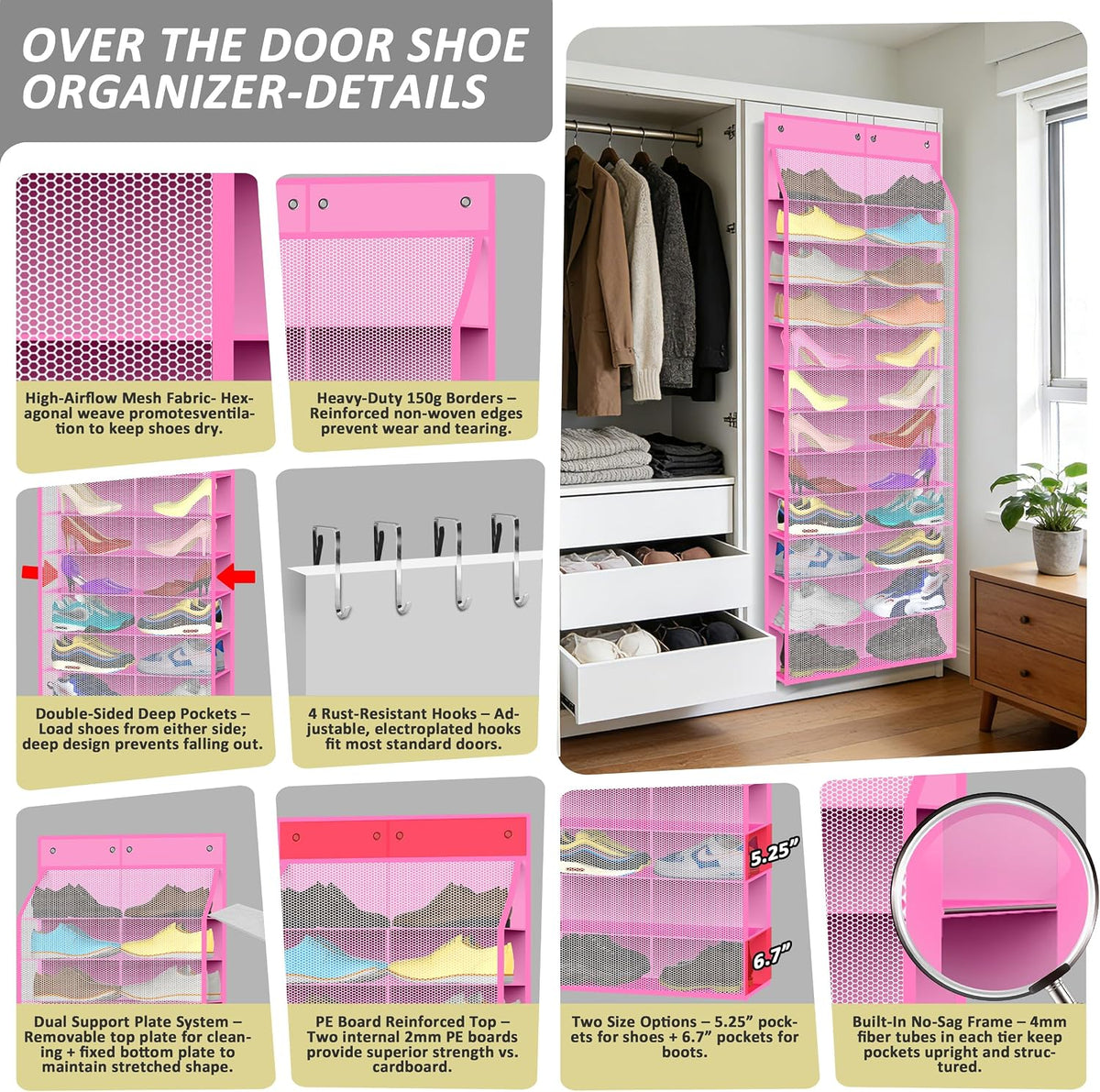 Kotkn 24-Pair Over Door Shoe Organizer for Family & Kids, Double Sided | Hanging Storage for Sneakers, Boots, Toys & Room OrganizationRose Quartz