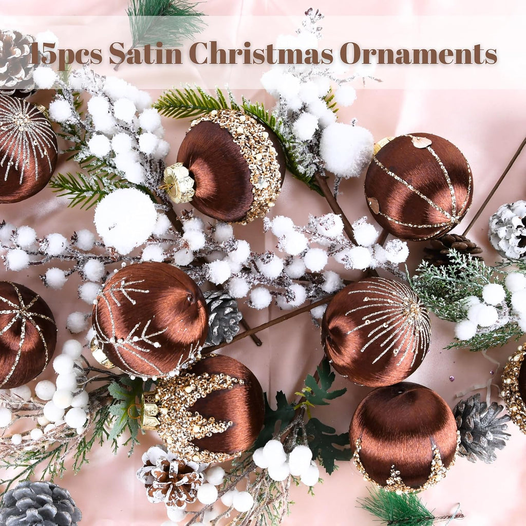 Brown Ornaments for Christmas Tree Decorations - Satin Christmas Ball Ornaments Luxury for Xmas Holiday Party Indoor Decor - 80mm 3.15inch Pack of 15