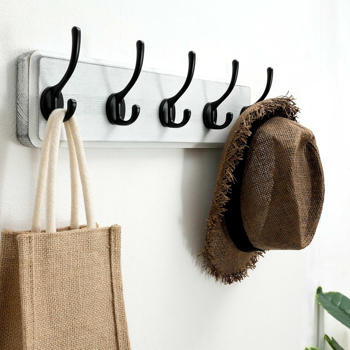 SKOLOO Rustic Coat Rack Wall Mount, 5 Hooks, 17 Inch, Solid Wood, White