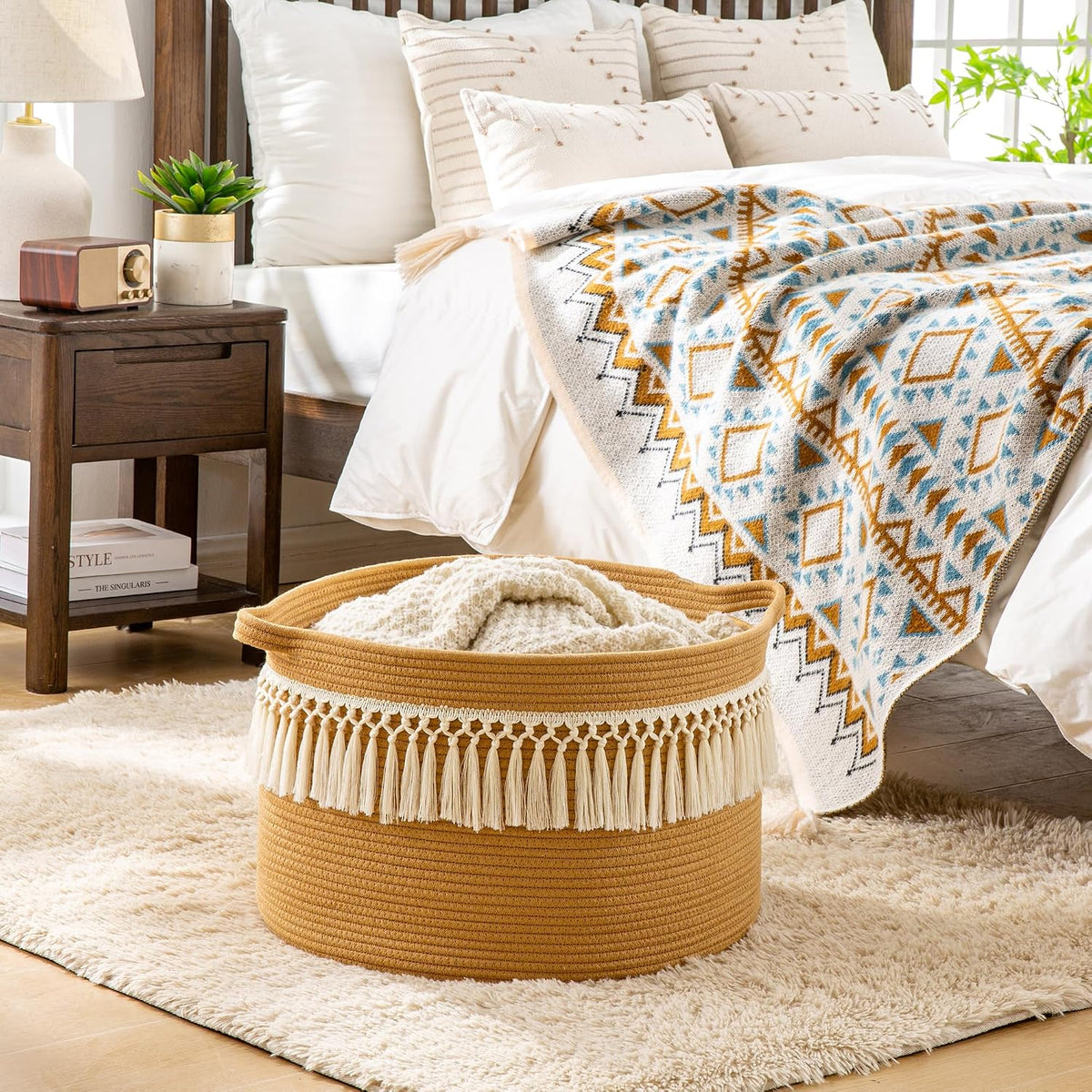 KAKAMAY Large Blanket Basket with Handles, Storage Basket for Living Room