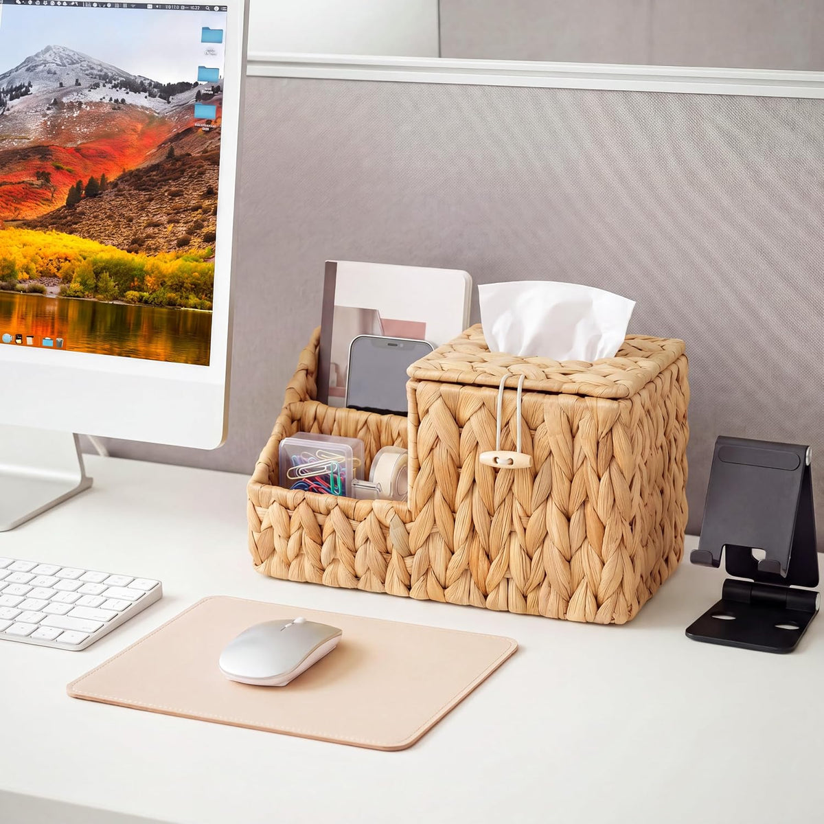 Tissue Box Cover with Storage, Water Hyacinth Square Tissue Box Holder