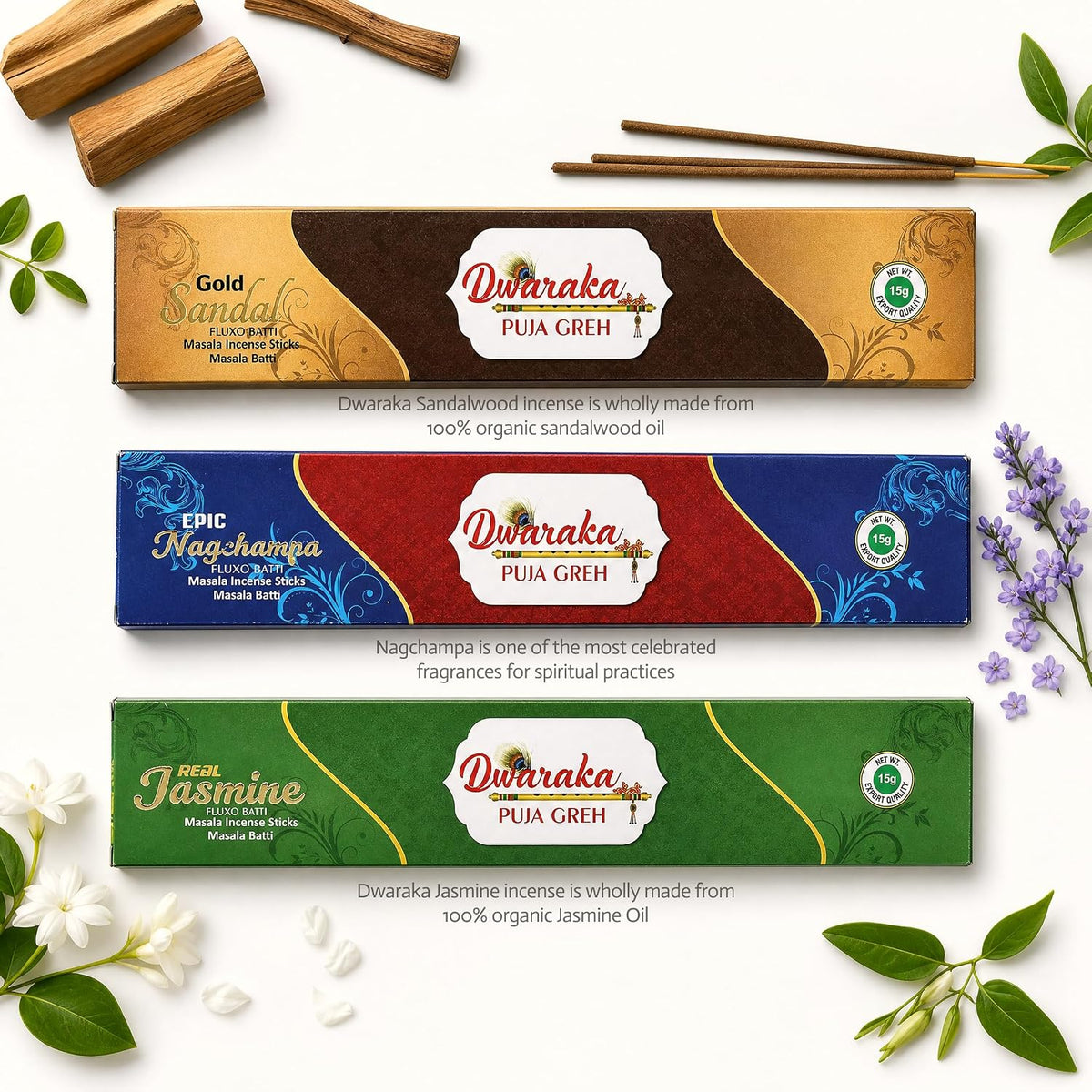 Dwaraka - Incense Sticks – 6 Packs x 10 Sticks Each – Sandalwood, Nag Champa, Jasmine, Mogra, Rose and Sai Flora – Chemical Free, All Natural