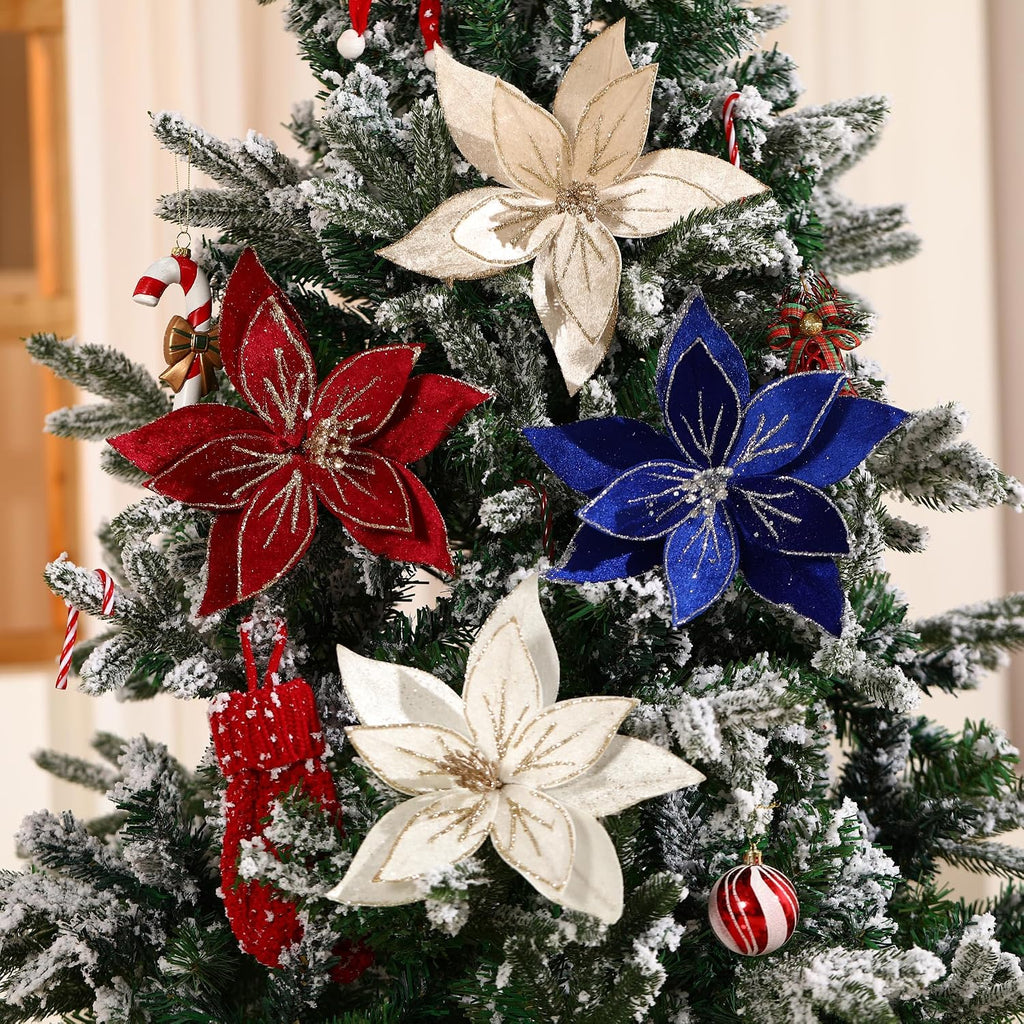 10.2’’ Large Glitter Christmas Flowers 6 Pcs Artificial Poinsettia Flower Velvet Christmas Tree Flower Ornaments Fold Floral for Christmas Decorations New Year Party Wedding (Cream White)