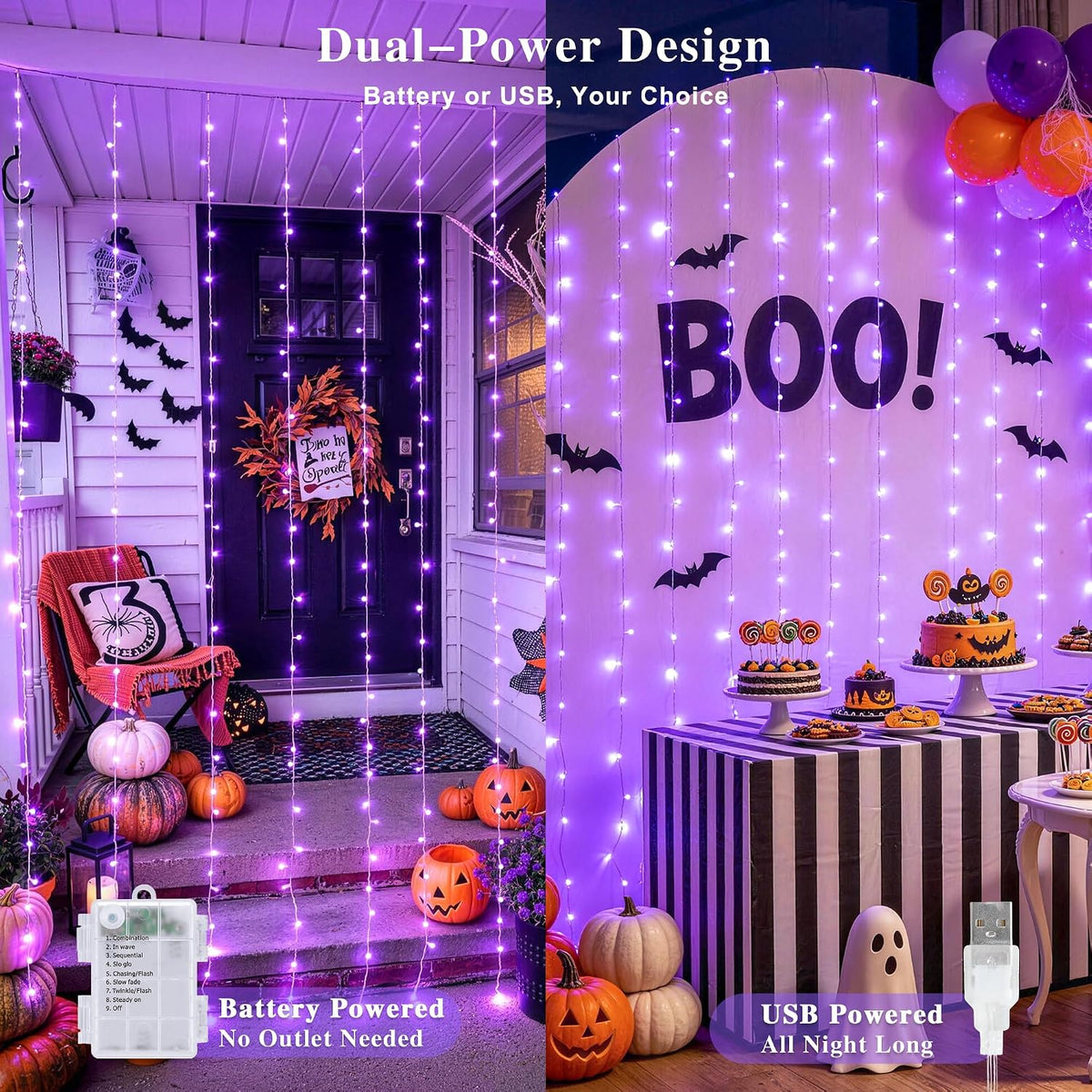 JMEXSUSS 200 LED Halloween Curtain Lights Battery Operated & USB Plug in