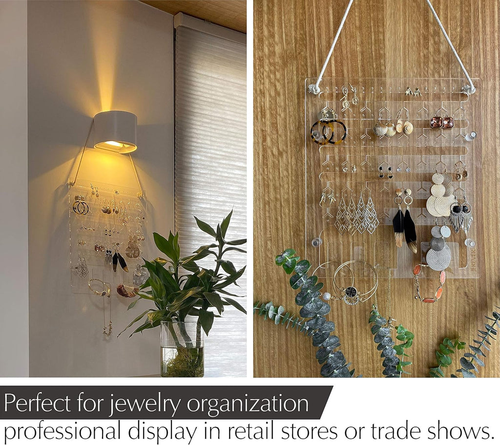 Earring Holder for Wall Hanging Jewelry Organizer Display Acrylic Hanger Rack with 96 Holes, 6 Hooks for Necklaces, Bracelets (Accessories are not included)