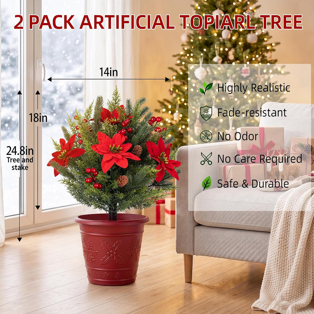 Artificial Christmas Cypress Poinsettia Flower Topiary Shrubs, Faux Greenery Ball Bush for Christmas Decoration,24.8" Fake Tree with Ground Spike,UV Resistant Plants for Front Porch Decor,Set of 2