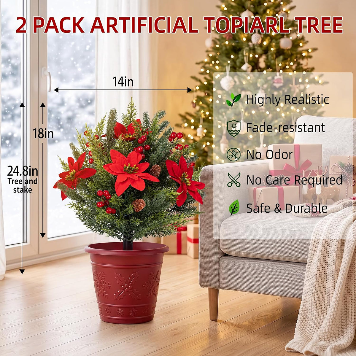 Artificial Christmas Cypress Poinsettia Flower Topiary Shrubs, Faux Greenery Ball Bush for Christmas Decoration,24.8" Fake Tree with Ground Spike,UV Resistant Plants for Front Porch Decor,Set of 2