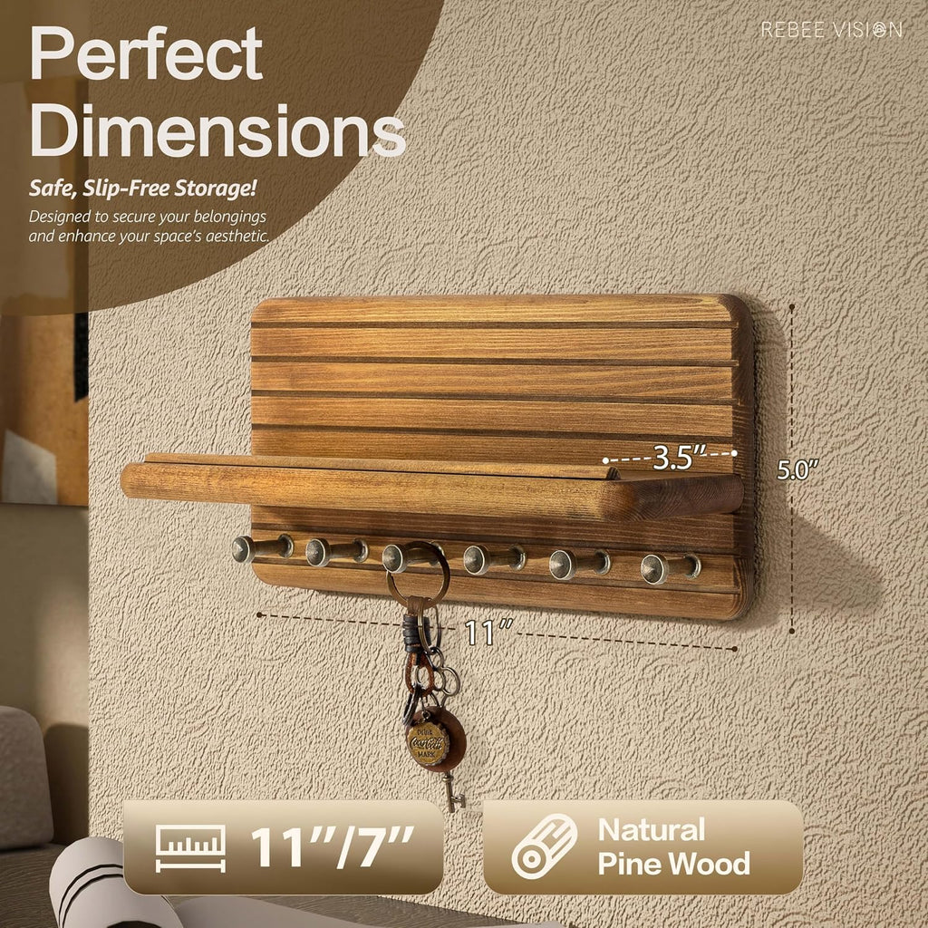 Rebee Vision Key Holder Wall Mount with 6 Hooks for Entryway, Light Brown