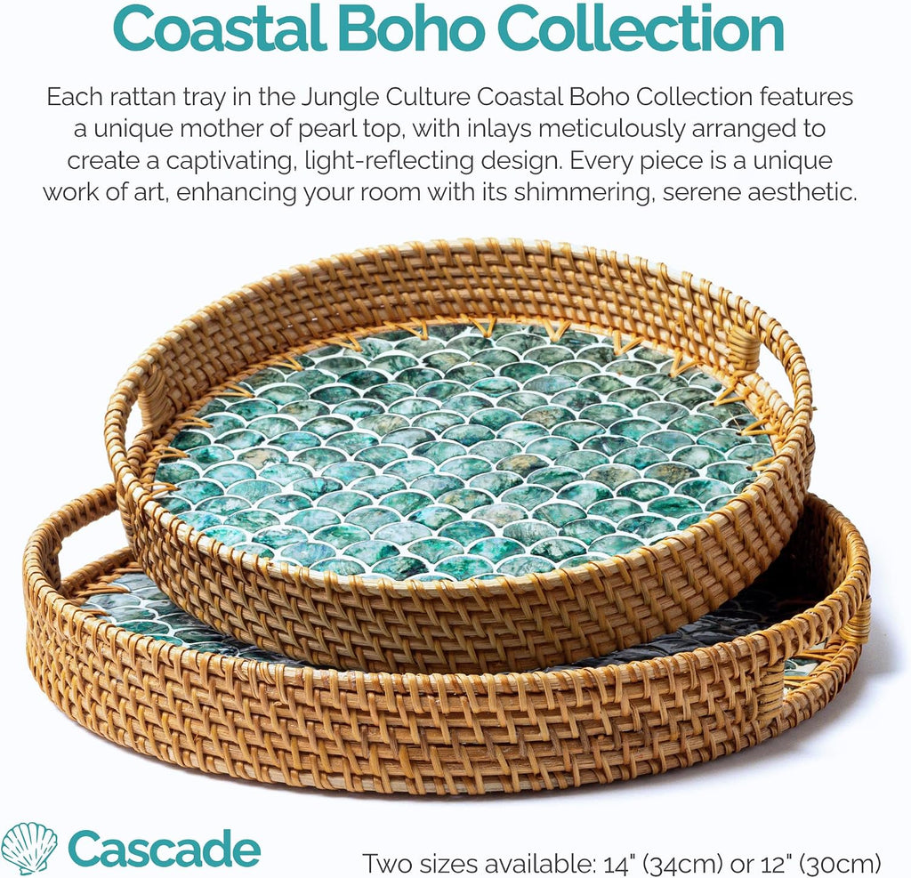 JUNGLE CULTURE Round Rattan Tray with Mother of Pearl Inlay • Cascade 14"