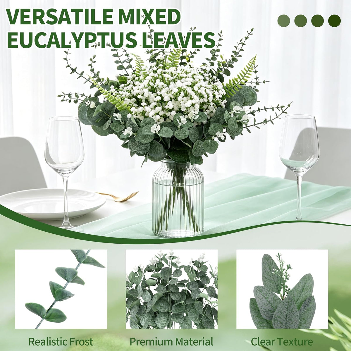 150 Pcs 7 Kinds Mixed Artificial Eucalyptus Leaves Stems Bulk, Fake Greenery Plants Faux Silver Dollar Leaves Babys Breath Flowers for Vase Bouquet Floral Arrangement Centerpiece Home Decor