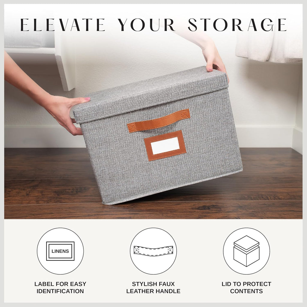 3 Pack Large Fabric Storage Boxes with Lids (15.75" x 11.25" x 11.25") - Decorative Bin with Lid, Label Holder, Faux Leather Handles - Large Storage Boxes for Organizing Clothes, Blankets - Grey