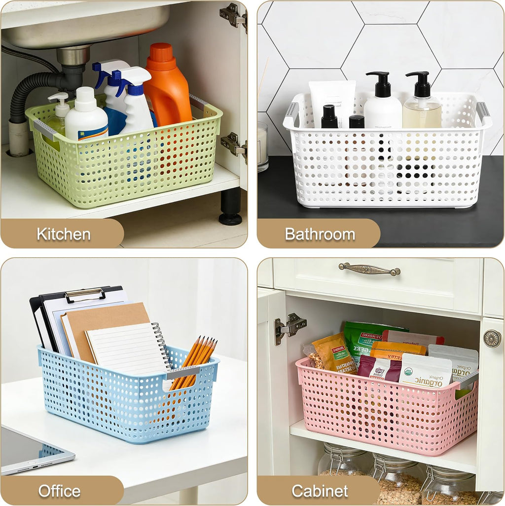 Soddeph 4-Pack Hollow Plastic Storage Baskets with Handles(White, Medium)