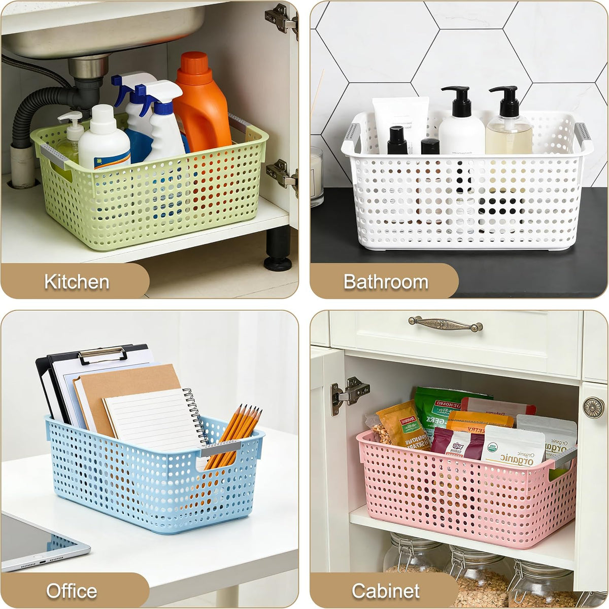 Soddeph 4-Pack Hollow Plastic Storage Baskets with Handles(White, Medium)