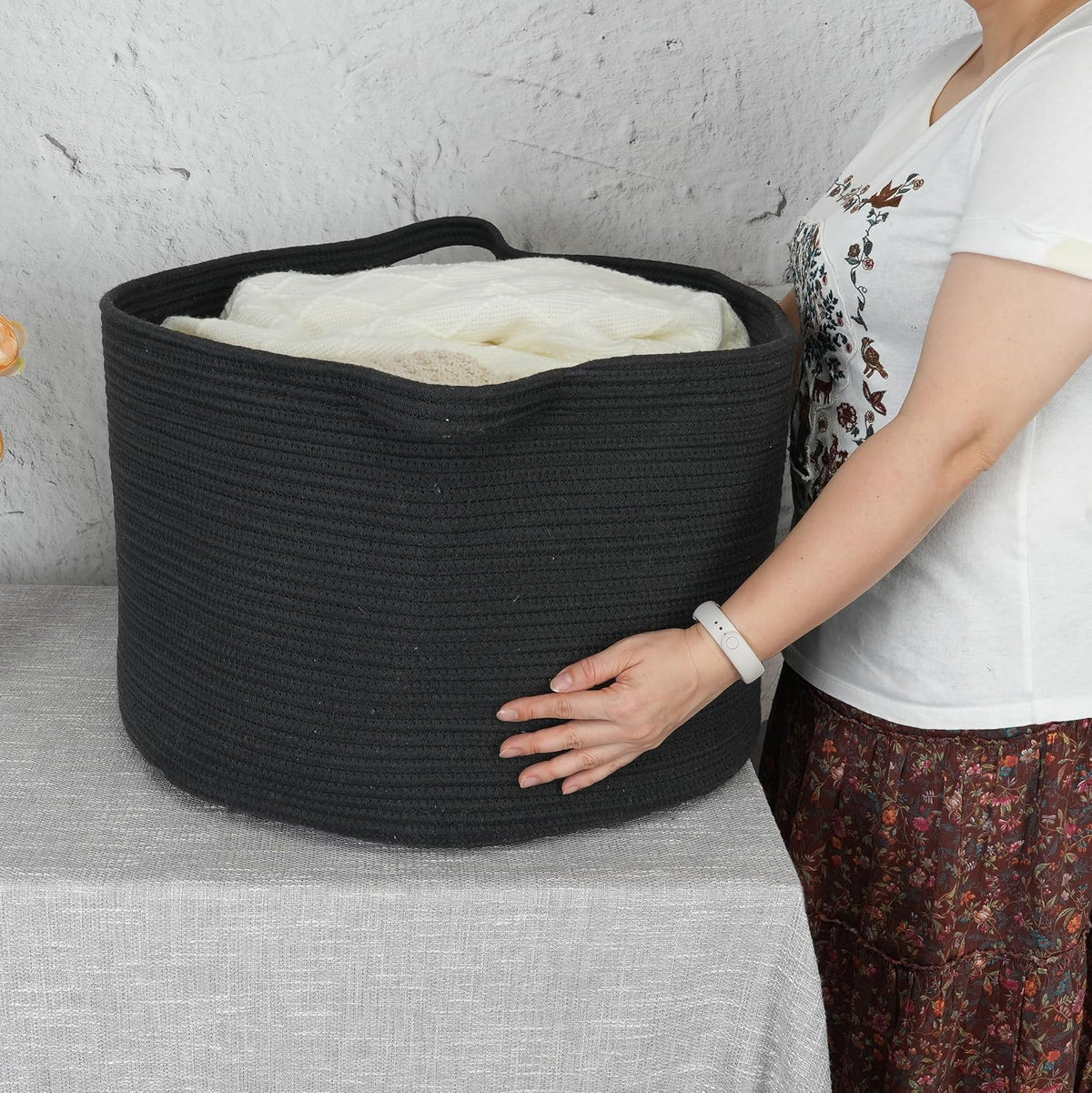 XUANGUO Extra Large Cotton Rope Round Storage Basket 22" x 14" Black