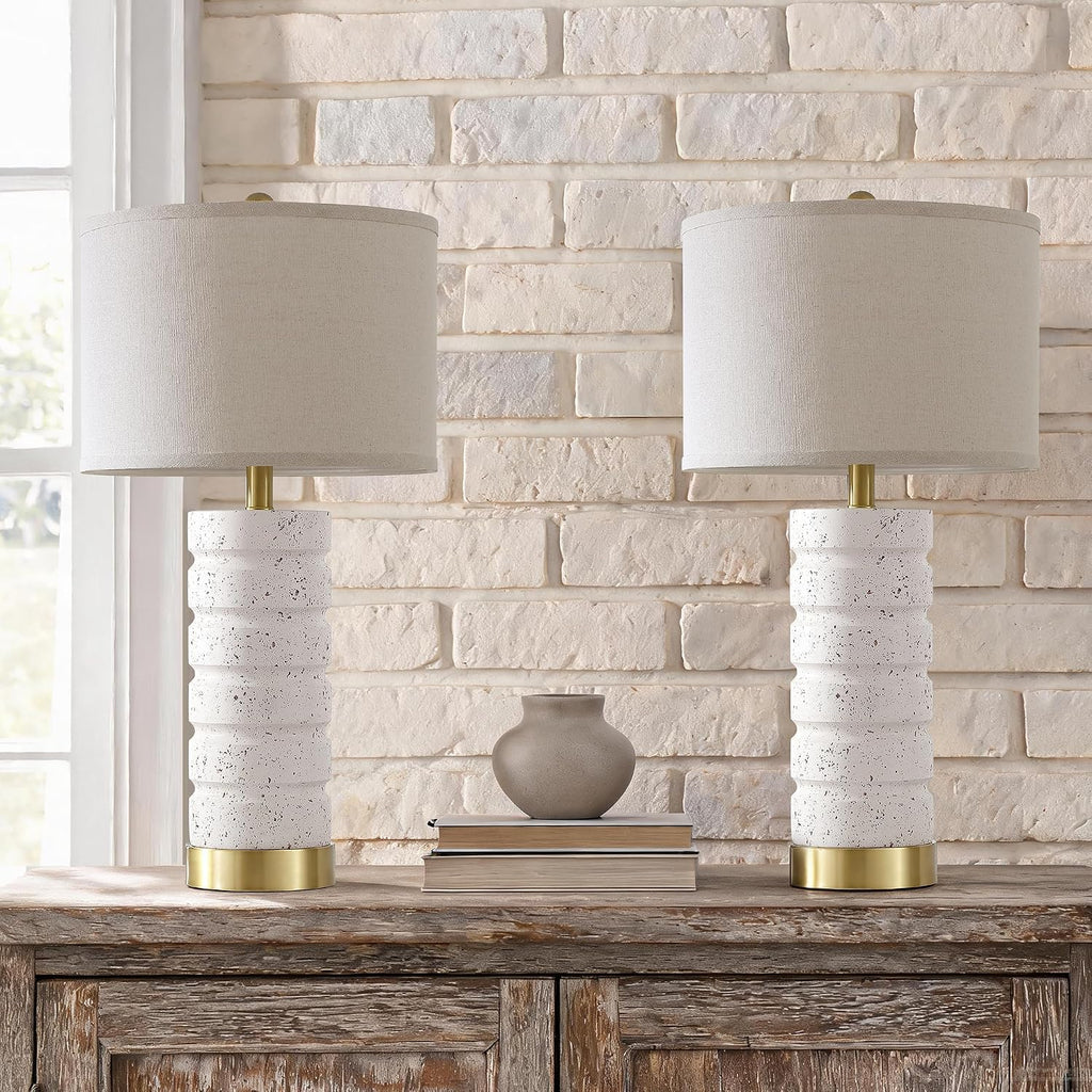AIEAMPDO 26" Set of 2 Travertine Resin Table Lamps for Bedroom, Off-White