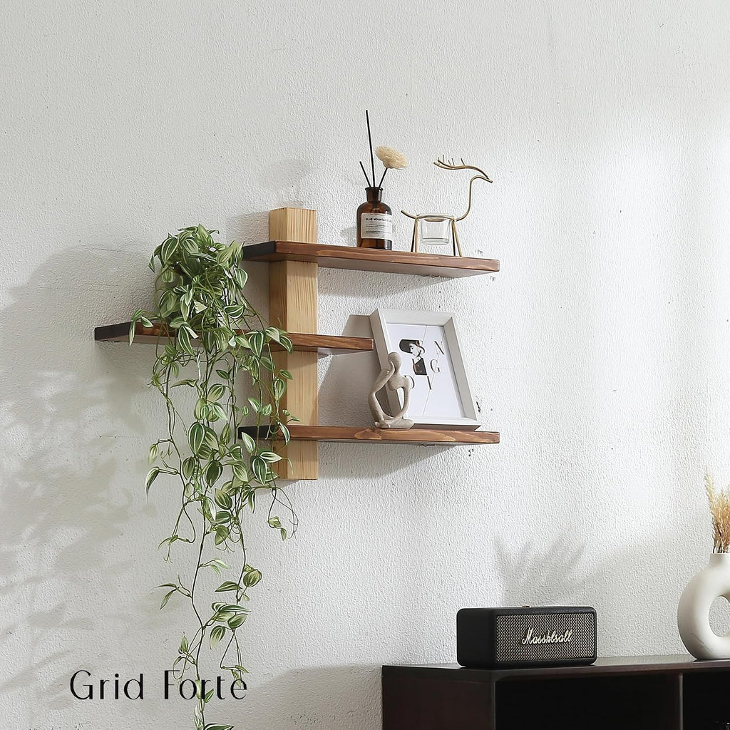 GRID FORTE Wood 3-Tier Floating Shelf, Large Minimalist Wall Shelves