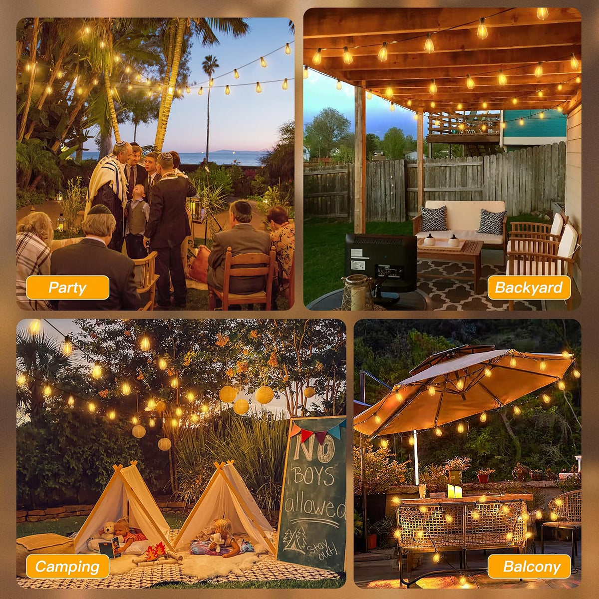 Ollny S11 50FT Outdoor String Lights with Remote, 3 Modes Dimmable Timers Waterproof Connectable Outside Lights, 24+2 LED Spare Bulbs Dusk to Dawn Hanging Light for Yard Balcony Camping Gazebo Garden