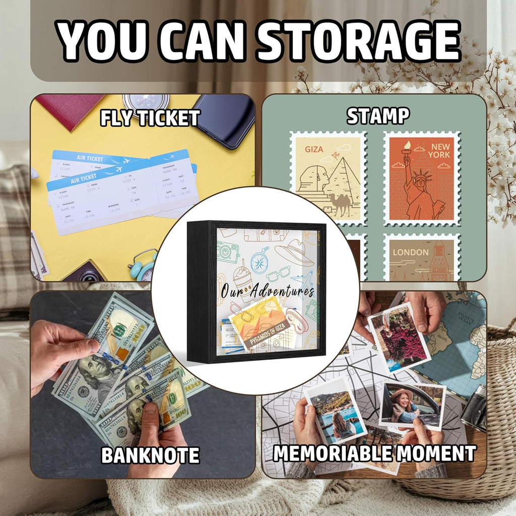 Adventure Fund Frames Box, Wooden Black Photo Frame Shadow Box Frame with Slot, Travel Money Box, Adventure Traveler Gifts, Storing Funds and Decorations, Adventure Gifts for Newlyweds Couple, 19