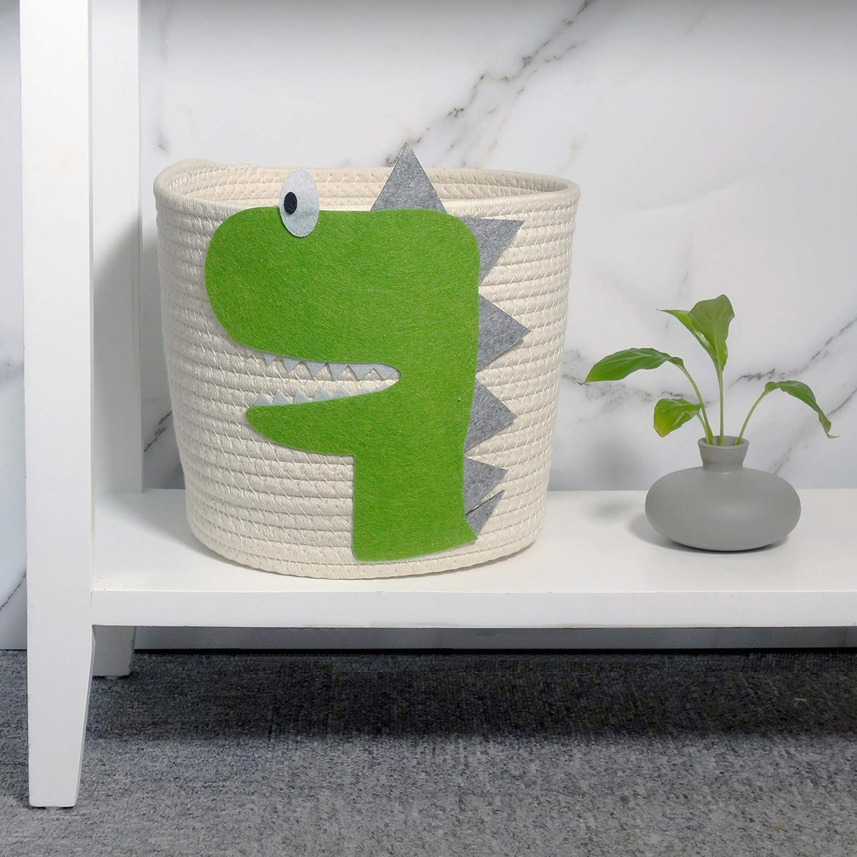 T&T Homewares Small Cotton Rope Basket with Cute Green Dinosaur for Baby Diaper Organizer, Woodland Nursery Storage, Kids Room Organizer, Baby Laundry Baskets, Cat Dog Toy Basket