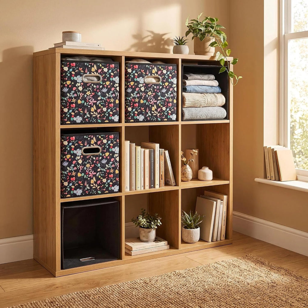 6pcs Black Floral Fabric Storage Cubes Organizer with Handles, Collapsible Sturdy Storage Bins for Organization, 10.5" x 10.5" x 11"