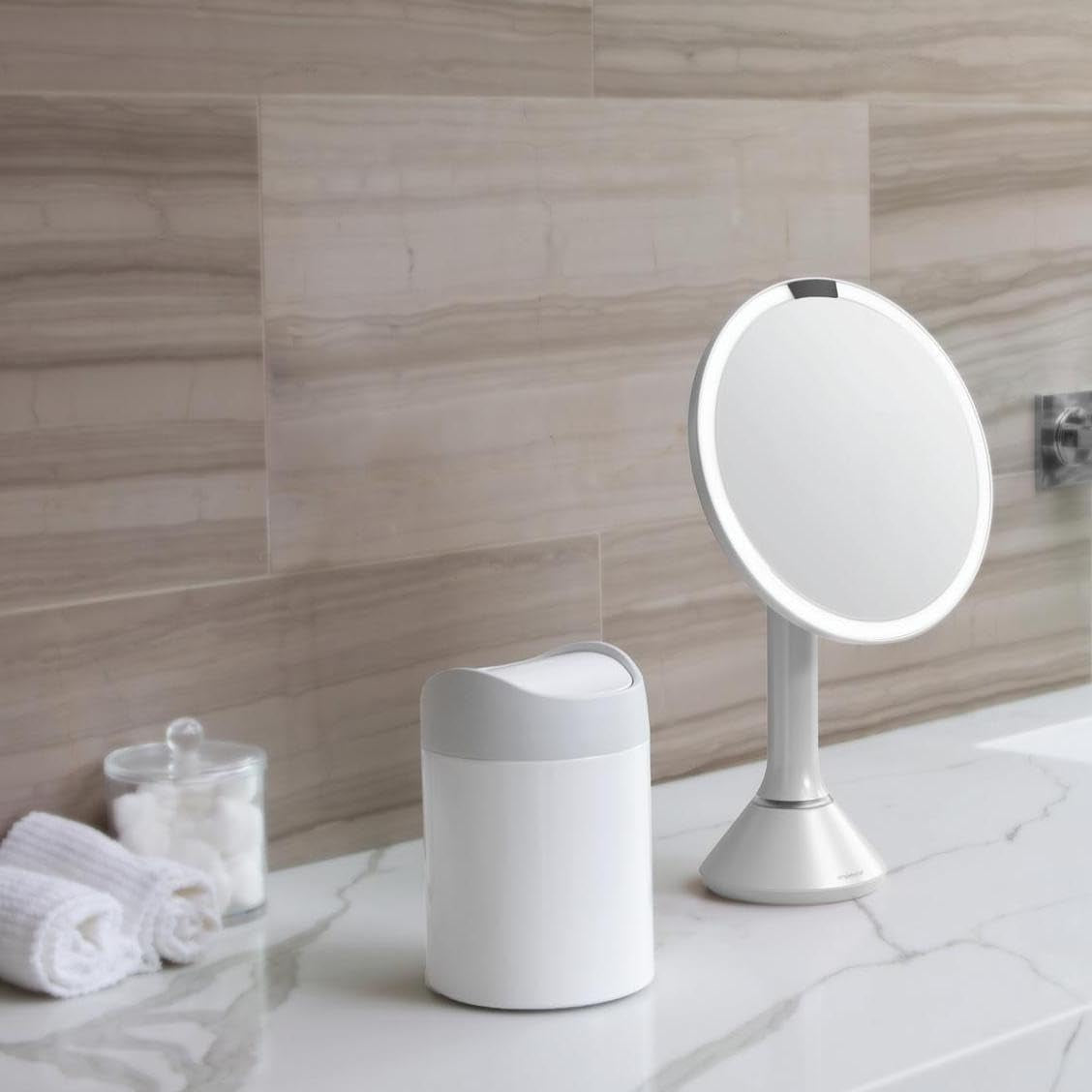 simplehuman Mini Countertop Trash Can, 1.5L / 0.4 Gallon Compact Vanity Trash Can, Balanced Swing Lid, White Steel