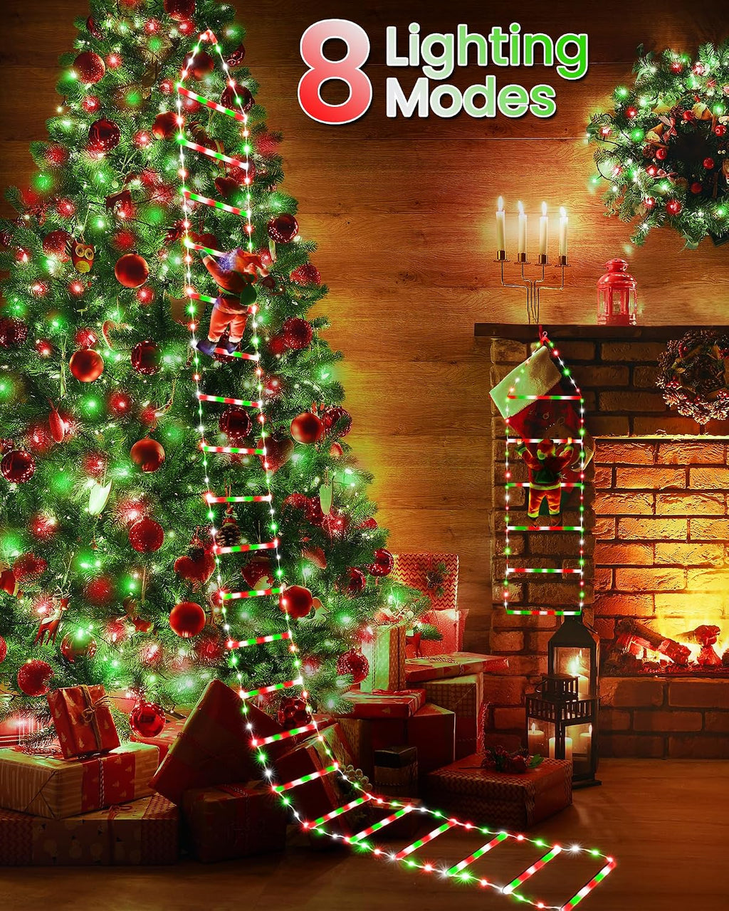 Toodour LED Christmas Lights - 10ft Christmas Decorative Ladder Lights with Santa Claus, Xmas Decorations Light for Indoor Outdoor, Window, Garden, Home, Wall, Xmas Tree Decor - Red White & Green