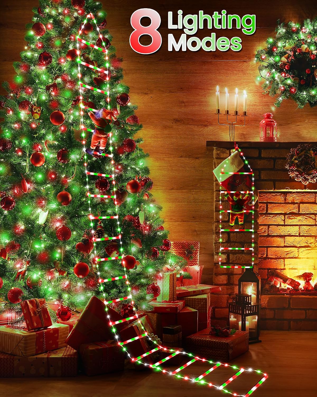 Toodour LED Christmas Lights - 10ft Christmas Decorative Ladder Lights with Santa Claus, Xmas Decorations Light for Indoor Outdoor, Window, Garden, Home, Wall, Xmas Tree Decor - Red White & Green