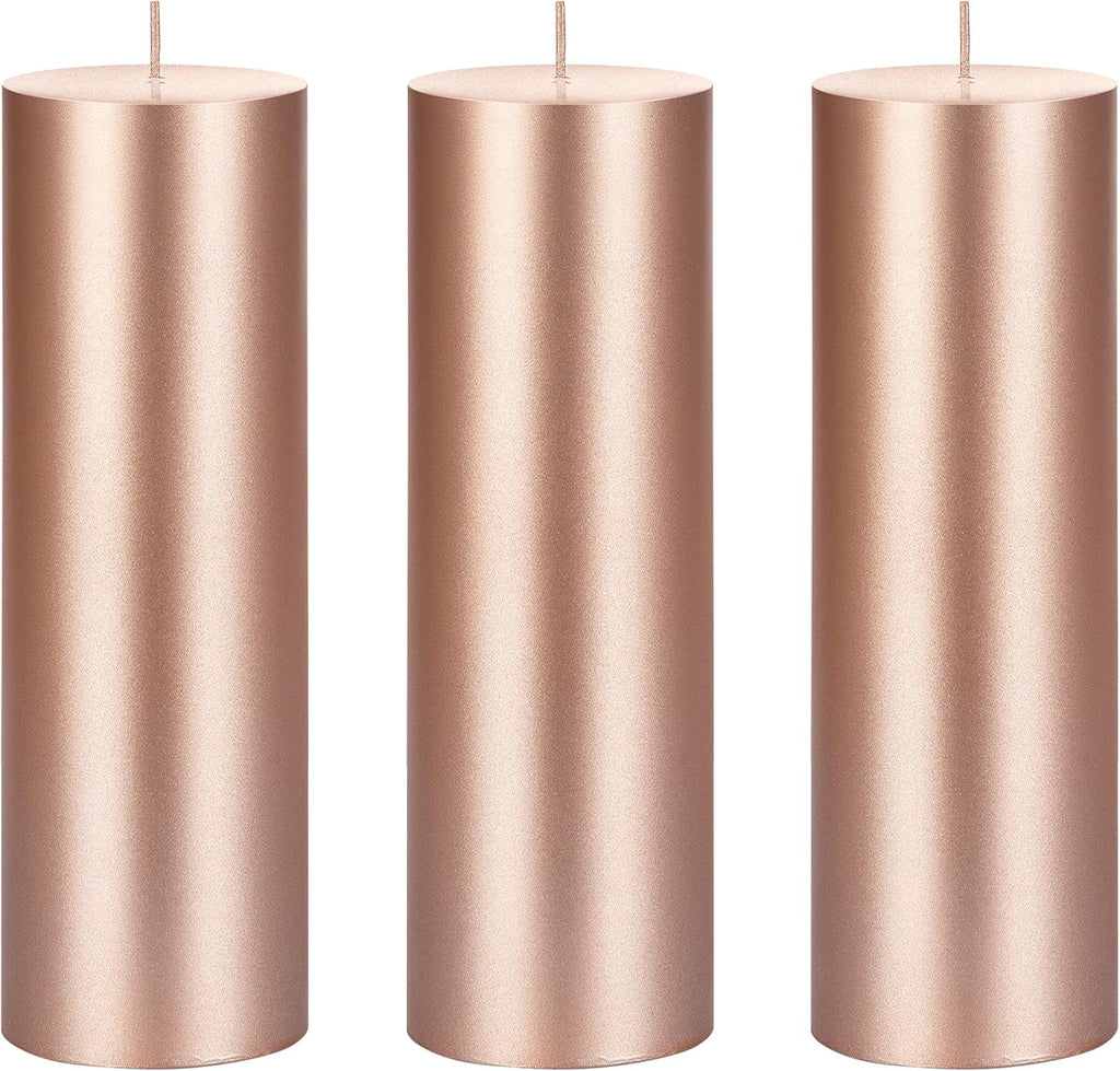Mega Candles 3 pcs Unscented Solid Rose Gold Pillar Candles, Hand Poured Premium Wax Candle 3 Inch x 9 Inch, Home Décor, Spas, Weddings, Occasions, Party, Centerpieces, Holidays, Vigils, Prayers