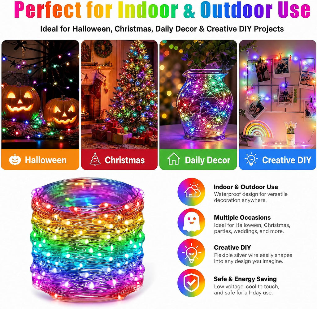 Dazzle Bright Color Changing Fairy Lights Battery Operated, 2 Pack Total 40FT 120LED Silver Copper Wire RGB String Lights with Remote, Waterproof Halloween Decorations for Indoor Outdoor Party Decor