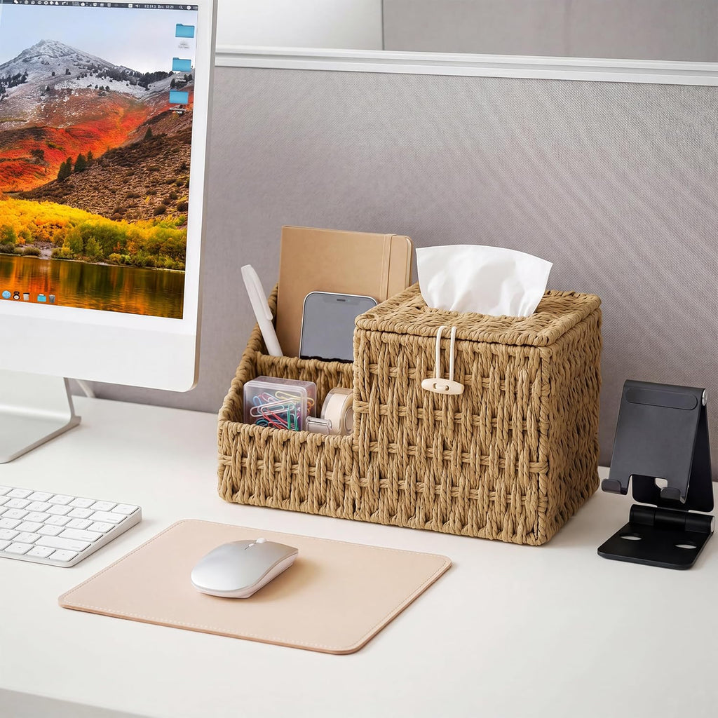 Tissue Box Cover with Storage, Wicker Paper Rope Square Tissue Box Holder