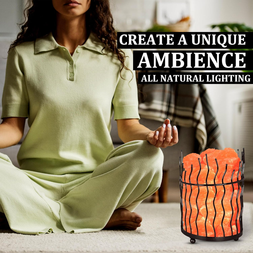 Himalayan Glow Natural Himalayan Salt, Tall Round Metal Basket lamp with Touch Dimmer Switch | 6-8 lbs, Amber Glow, Idle for Gift, Decor & Desk